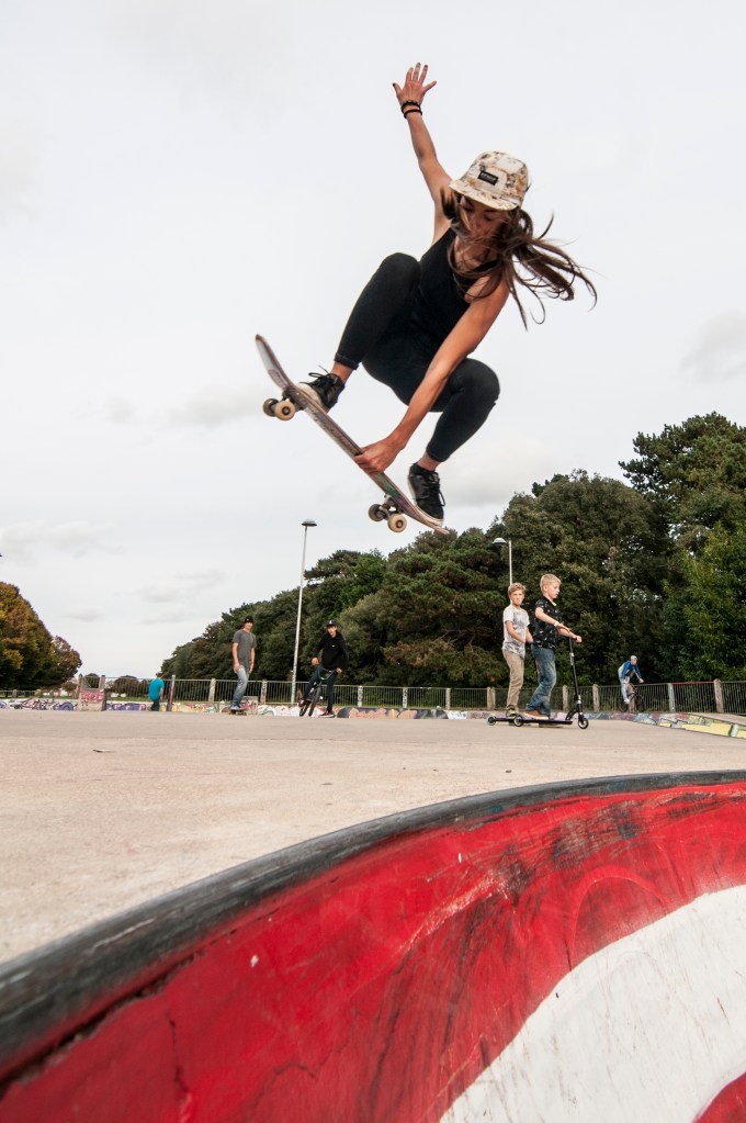 Back 180 indy grab out of bowl to bowl