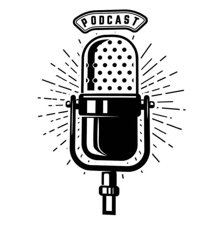 Podcast. Retro microphone isolated on white background. Design element for emblem, sign, logo, labe.